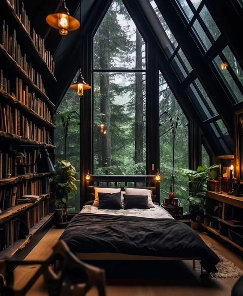 This meme features a dark, cozy room with a bed, bookshelves, and a large window. The text "I don't need a therapist, I just need a library and a window" appears in the image, implying that the speaker finds comfort and solace in the quiet, peaceful environment. The image is meant to be humorous and relatable, suggesting that some people can find emotional support in a simple, quiet environment.